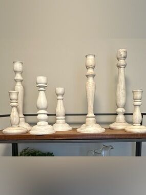 Neutral Whitewashed Wood Candlestick Set Set of 7 Various Heights Vintage Style